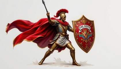 a baroque inspired painting of an victorious soldier holding a shield, isolated on a white background with space around.
