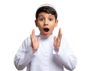 Young boy in traditional attire expressing surprise or excitement with open mouth and raised hands