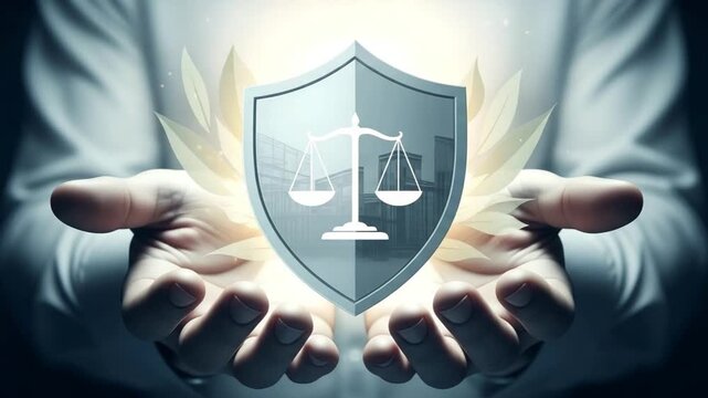 A pair of hands holding a shield with scales of justice symbol against a bright background glow