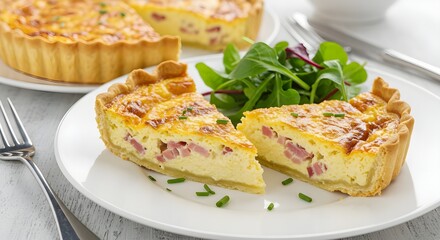 Quiche lorraine with bacon and cheese served with salad