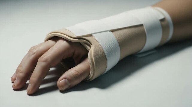 Hand in wrist splint demonstrates finger clenching and unclenching movement