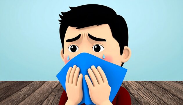 Sad cartoon boy covering his face with a blue cloth - Powered by Adobe