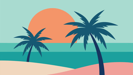 Fototapeta premium Minimalist Tropical Beach Scene with Palm Trees and Sunset Silhouette vector illustration