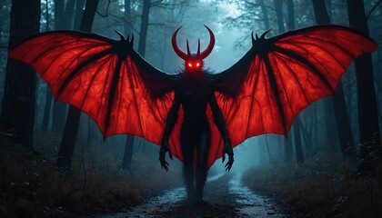 Eerie creature with red wings, glowing eyes stands on foggy forest path. Cryptid, reminiscent of Mothman folklore, features horns, fur, evoking sense of mystery, dread. Dark, wooded surroundings, dim