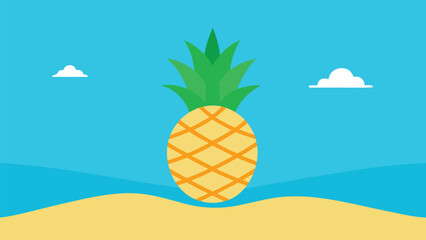 Simple Flat Design of a Pineapple on a Sandy Beach with Blue Sky fruit tropical
