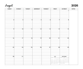 August 2026 Minimalist Printable Calendar Page with Notes Section