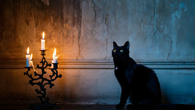 Black cat with yellow eyes sits next to a candelabra with lit candles on a textured wall background animal - Powered by Adobe