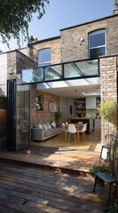 Stunning photo of modern house extension with large glass doors. Open plan living area with sofa, dining table, wooden flooring visible through doors. Exterior of brick house.