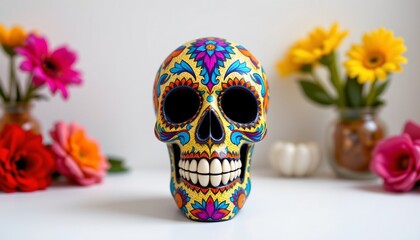 a vibrant festival art of a skull figurine with intricate patterns on a white background with room around.