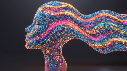 Abstract digital art piece featuring a stylized female head with flowing hair