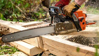 Close-up of a person's hands operating a powerful chainsaw to cut a wooden beam, with sawdust particles flying in the air.