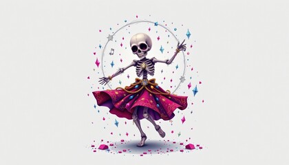 Obraz premium detailed digital illustration depicting a tiny skeleton dancer with jewels centered on white with plenty of negative space.