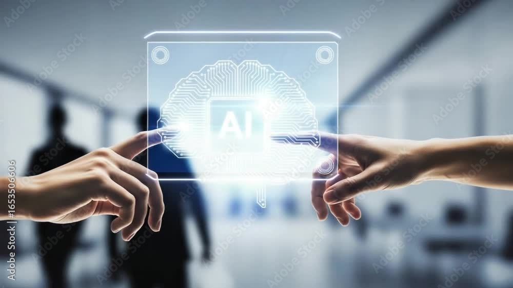 Poster two hands interacting with a glowing ai brain interface in a modern office setting scene view