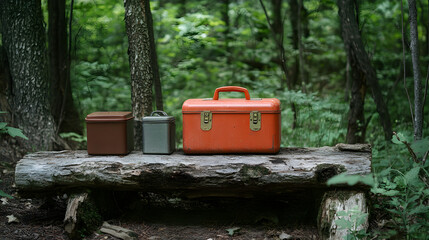 Three metal containers on a log bench in a forest setting with natural light and blurred background