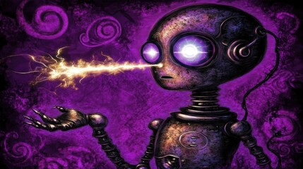 Enigmatic Steampunk Robot with Luminous Eyes Emitting Energy Beams in Purple Hues