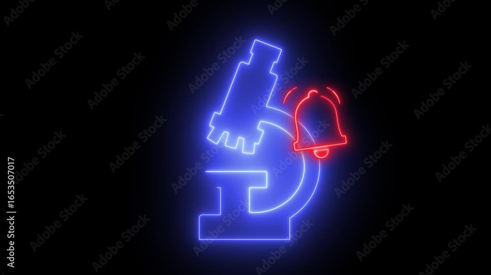 Poster neon light effect animation of a microscope icon with a notification bell
