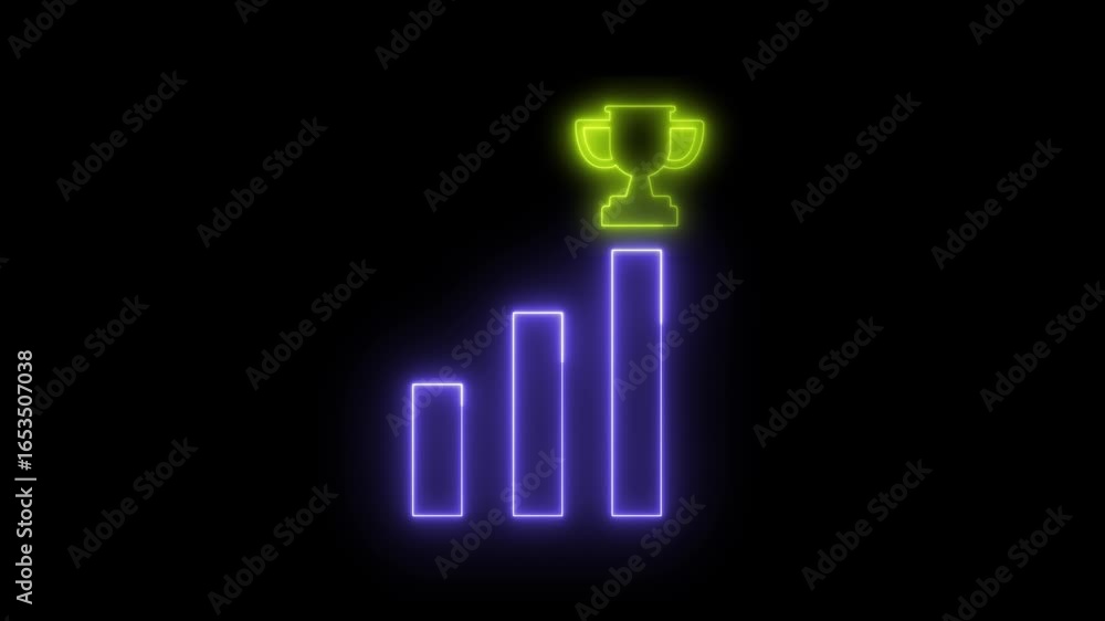 Poster neon light effect animation of a bar chart icon with a trophy on top