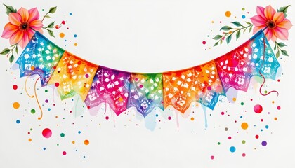 intricate watercolor depicting a papel picado banner with polka dots centered on white with plenty of negative space.