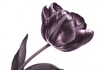 A botanical-style illustration of a Tulip Queen of Night in full bloom, with delicate linework.Tulip Queen of Night,black tulip,unique flower,elegant tulip.