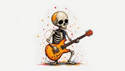 mini skeleton musician with abstract shapes rendered as a detailed digital illustration on a clean white background, not filling the frame.