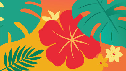Vibrant Tropical Foliage and Hibiscus Flower Flat Design Illustration leaves