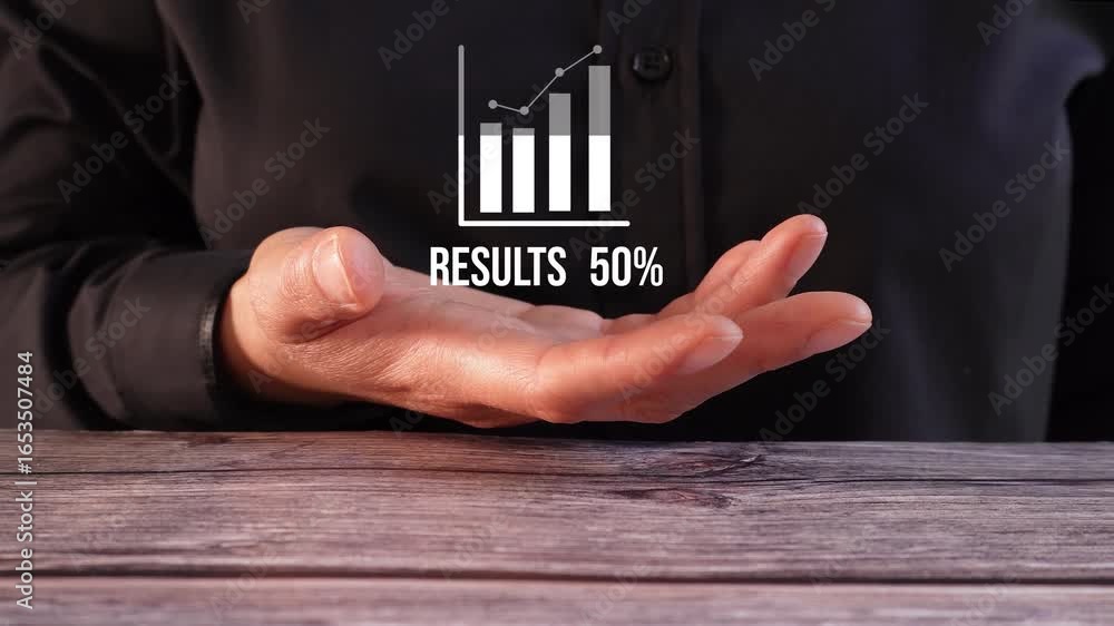 Poster businessman's hand holding a simple progress meter with graph icon animation from 0 to 100% with the