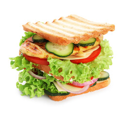 Yummy sandwich with chicken breast, cheese and vegetables isolated on white