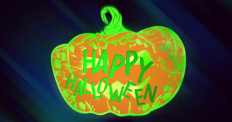 Fototapeta premium Glowing green and orange pumpkin with HAPPY HALLOWEEN text image