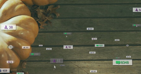 Social media engagement image over pumpkins and autumn leaves on wooden surface