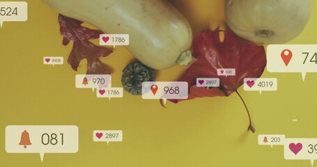 Social media notifications image over autumn leaves and squash on yellow background