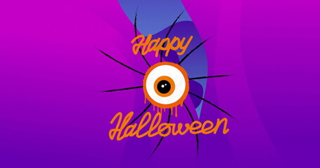Fototapeta premium Image of happy halloween text with moving eye over purple shapes on blue background