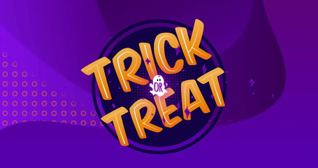 Image of trick or treat text over shapes on purple background