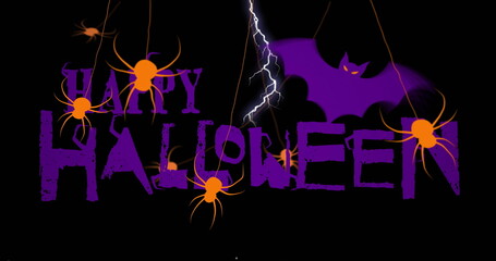 Image of happy hallowwen text over orange spiders on black background
