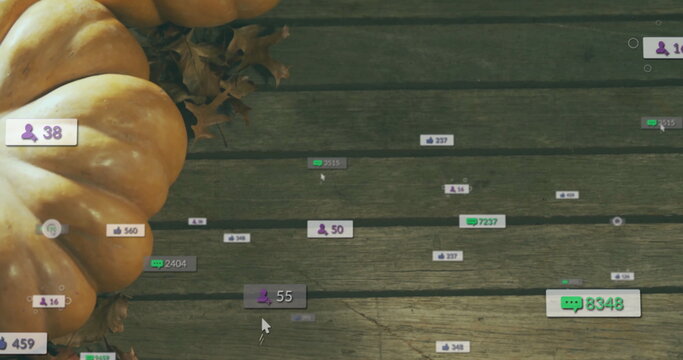 Fototapeta Social media engagement image over pumpkins and autumn leaves on wooden surface