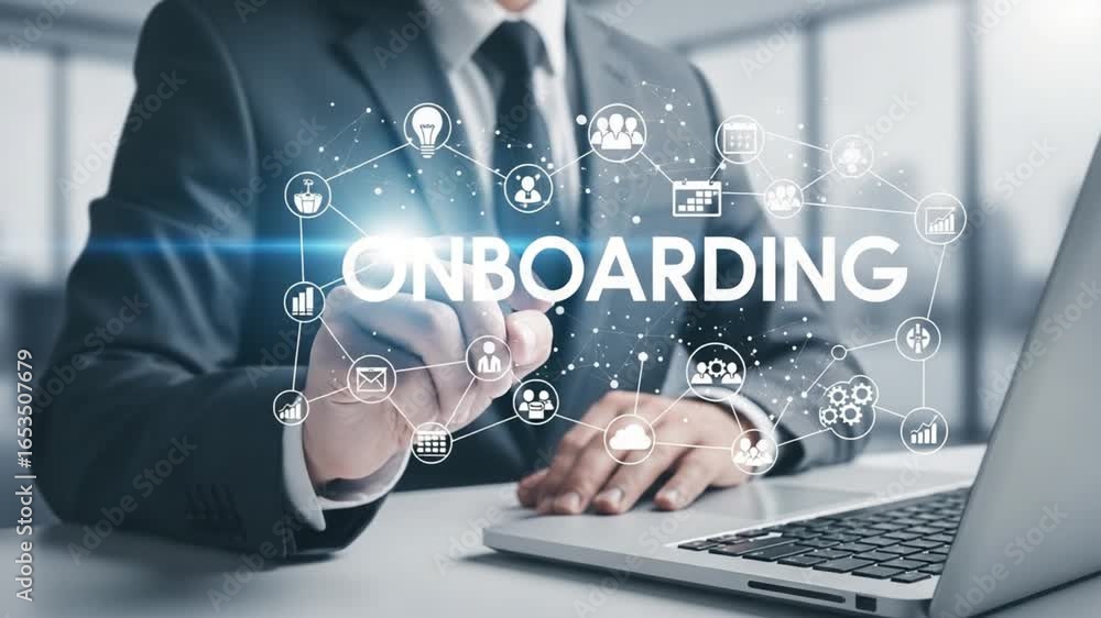 Poster a man in a suit using a stylus on a screen with onboarding graphic overlaying a laptop view