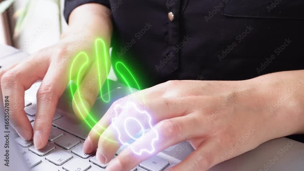 Poster startup and settings. close-up of a professional woman interacting with her computer with a virtual 