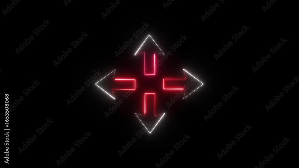 Aufkleber neon 4 direction arrow looping animation. neon arrow light sign. center position arrow shape stroke 