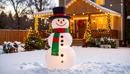 Festive snowman in snowy yard (1)