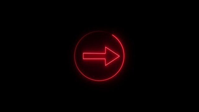 Abstract right side directional arrow icon. Neon arrow symbol icon. Neon arrow left to right direction concept. Red color neon arrow icon and neon circle animation black background .