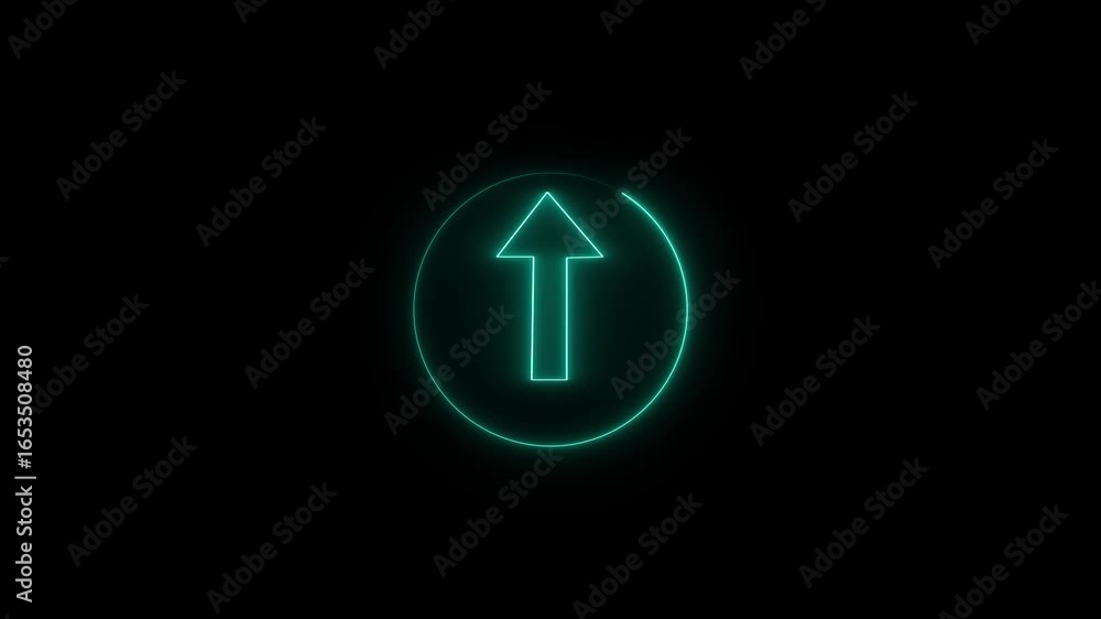 Poster abstract up side directional arrow icon. neon arrow up to down direction concept. cyan color neon ar
