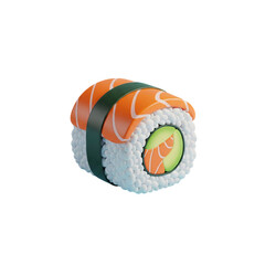 Stylized 3d render of salmon avocado maki roll, an iconic Japanese food illustration concept isolated on white background.