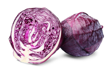 Obraz premium Whole and cut fresh red cabbages isolated on white