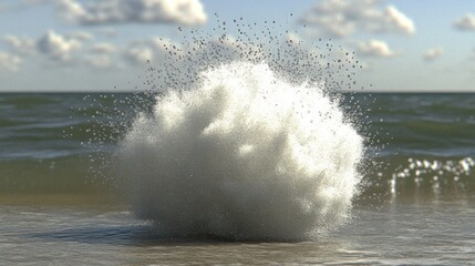 Dynamic water splash on the beach with a blurred sea and cloudy sky backdrop
