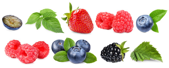 Various berries and green leaves isolated on white, set