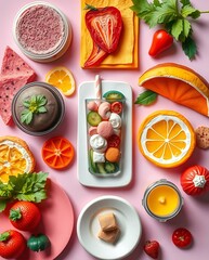 Naklejka premium Vibrant fruit assortment arranged on pink surface for playful visual feast