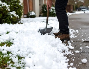 Person shoveling snow onto a sidewalk
