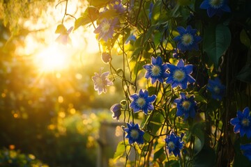 A wide-angle photo of a vine covered in blue passionflowers, with the flowers hanging gracefully from the tendrils.Blue Passion flower,climbing plant,tropical vine.