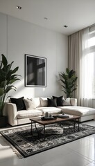 Spacious black, white living room features cozy couch elegant rug ample natural light from large windows. Minimalist contemporary design offers airy bright clean space with sleek chic furniture