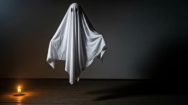 A spooky white sheet ghost levitates in a dark, empty room illuminated by a single candle on the floor.