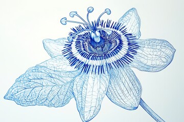 Blue Passion flower,tropical vine,climbing plant.An intricate line art illustration of a blue passion flower, with highly detailed petals and filaments, emphasizing the complex structure